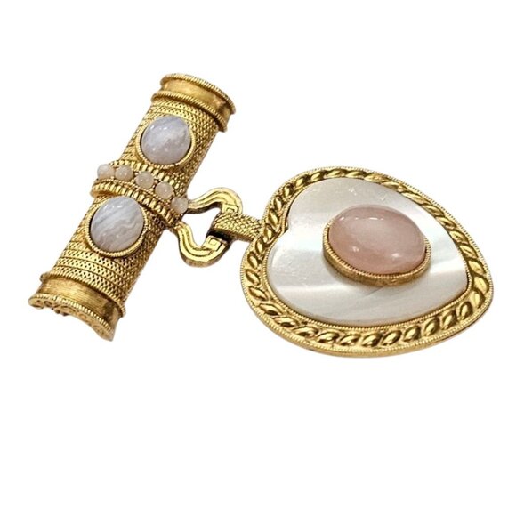 1928 Brand Gold Tone Blue Lace Agate Rose Quartz Brooch Heart Shell Inlay Dangle - Picture 2 of 8